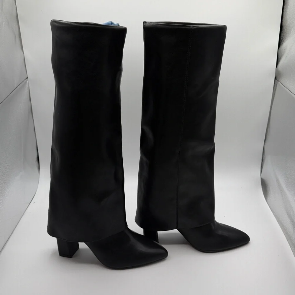 NEW MADDEN GIRL BLACK LEATHER TALL POINTED TOE BOOTS - Picture 3 of 9